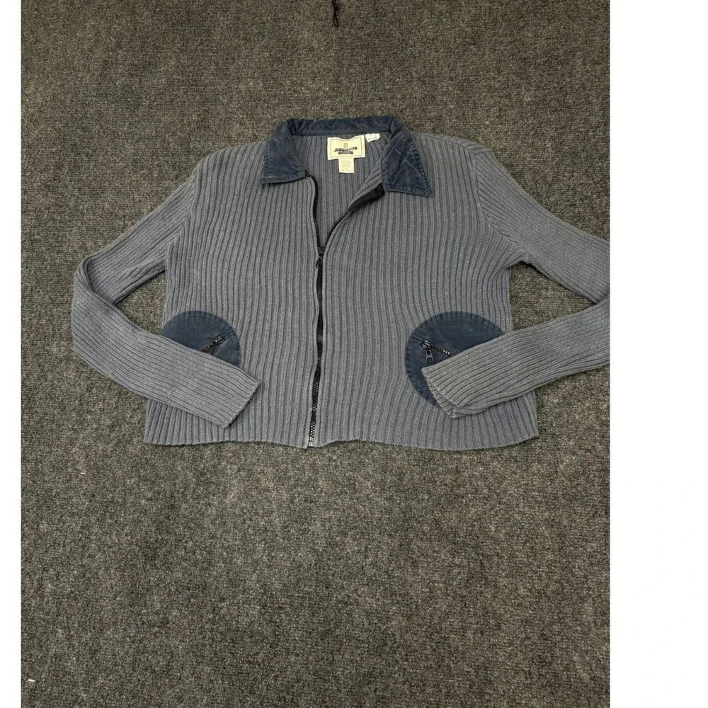 Express Full Zip Cardigan Womens Medium Blue Excellent Ribbed Suede Collar